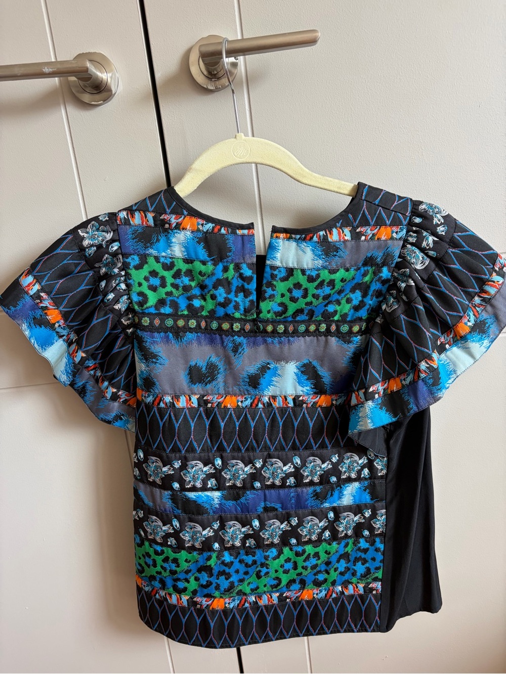 Kenzo H&M Black Multi-Color Patterned Ruffle Shoulder Blouse - Picture 2 of 6